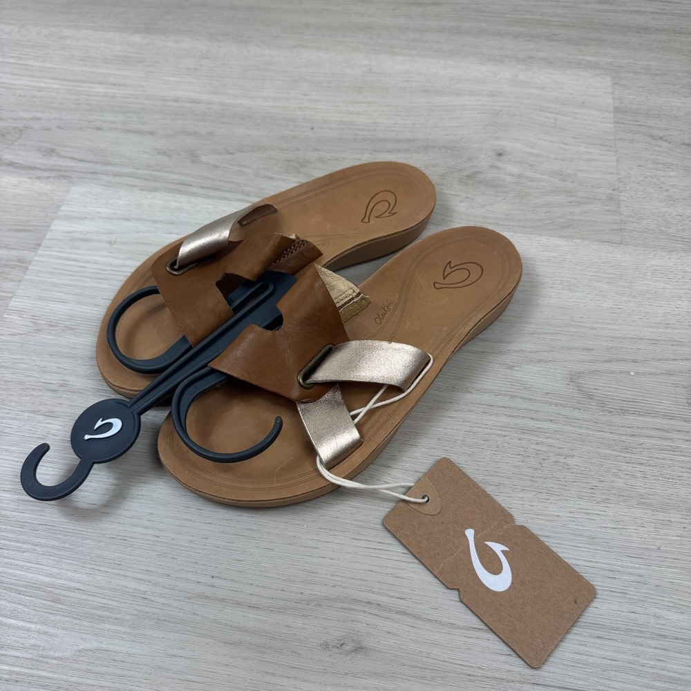 Olukai Nonohe‎ Olu Classic Leather Slide Sandal Womens 6 Brown Gold